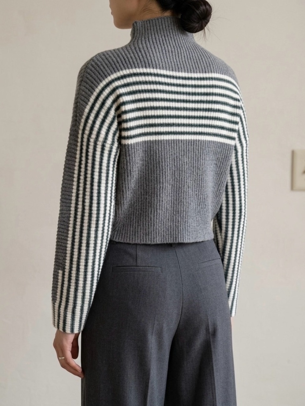 Paper Heart Grey & White Striped Mock Neck Cropped Sweater